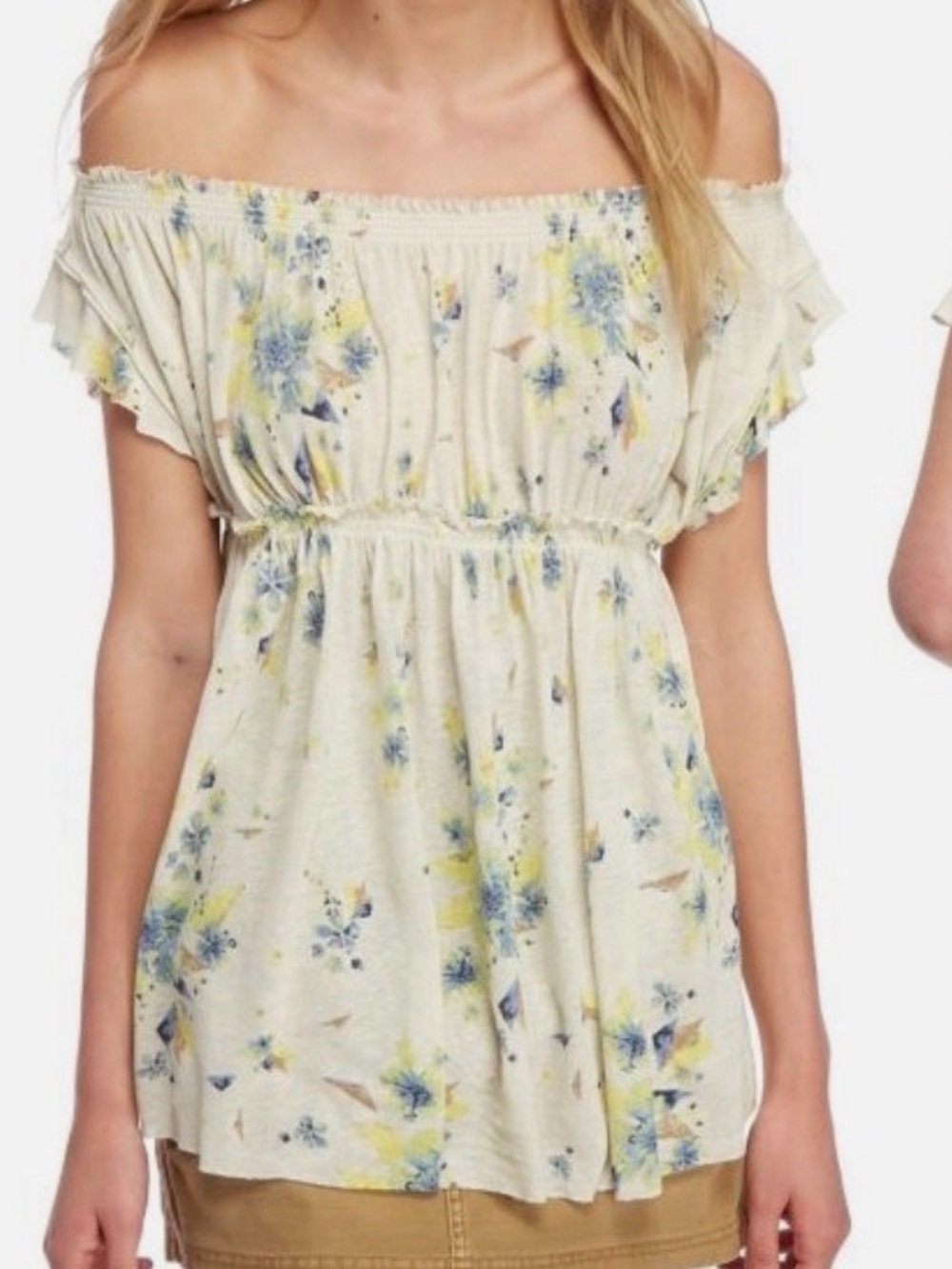 We The Free Cream Off-Shoulder Floral Shirt with Yellow & Blue Print